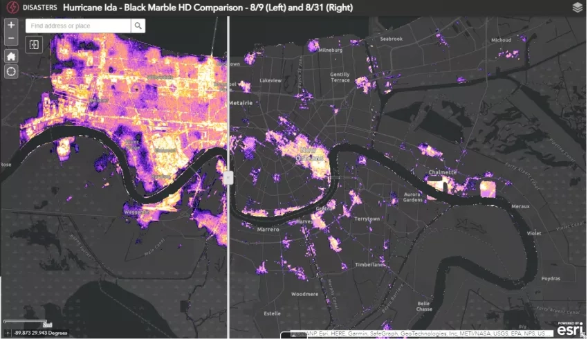 In this image from the portal, Disasters Mapping Portal, the Black Marble HD dataset shows widespread power outages across New Orleans, Louisiana, in the aftermath of Hurricane Ida. The left image shows the pre-storm lights Aug. 9, 2021. The right image shows the post-storm lights Aug. 31, 2021. Visitors to the portal can move the slider to highlight differences between the two mapped conditions. Credits: USRA/NASA Black Marble Science Team