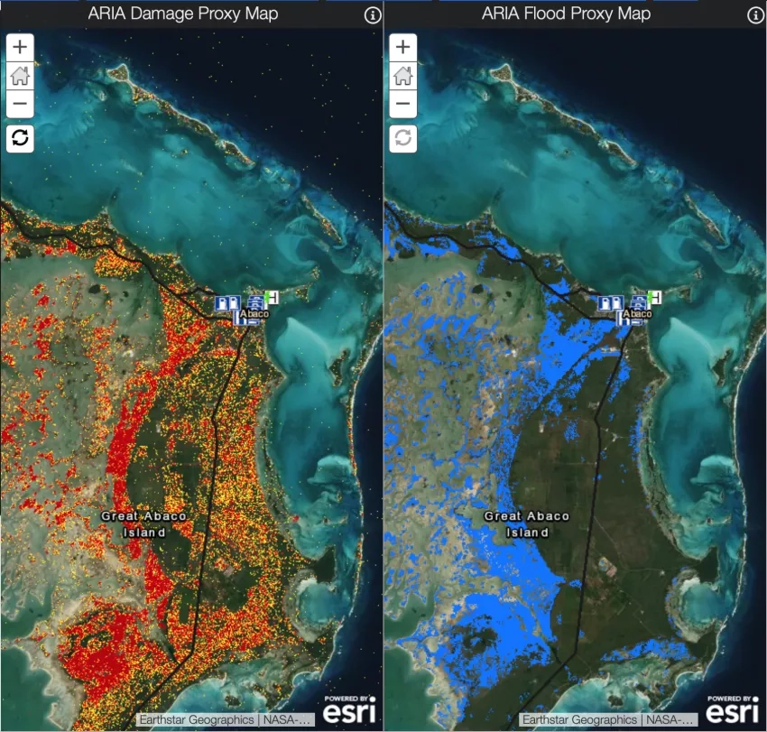 NASA creates and provides detailed maps of the Caribbean to aid local governments and emergency response organizations when disaseter strikes. Pictured above is a Damage Proxy Map (left) and a Flood Proxy Map (right) showing likely damaged infrastructure and flooded area in the Bahamas after 2019’s Hurricane Dorian. Credits: NASA-JPL, ARIA, Caltech