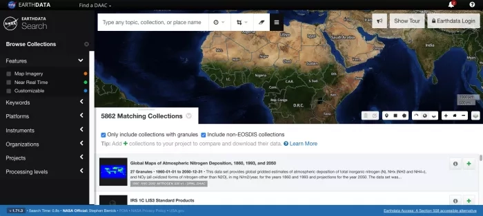 Screenshot of Earthdata search