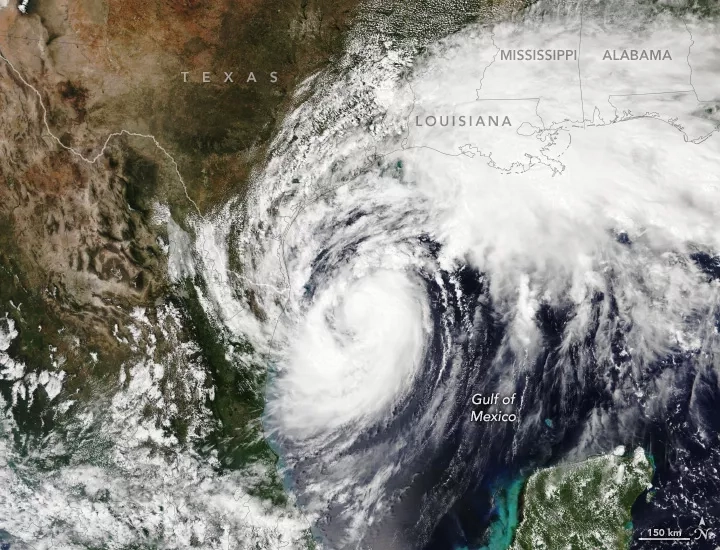 Satellite image showing Hurricane Francine - large swirling mass of clouds - in the Gulf of Mexico. 