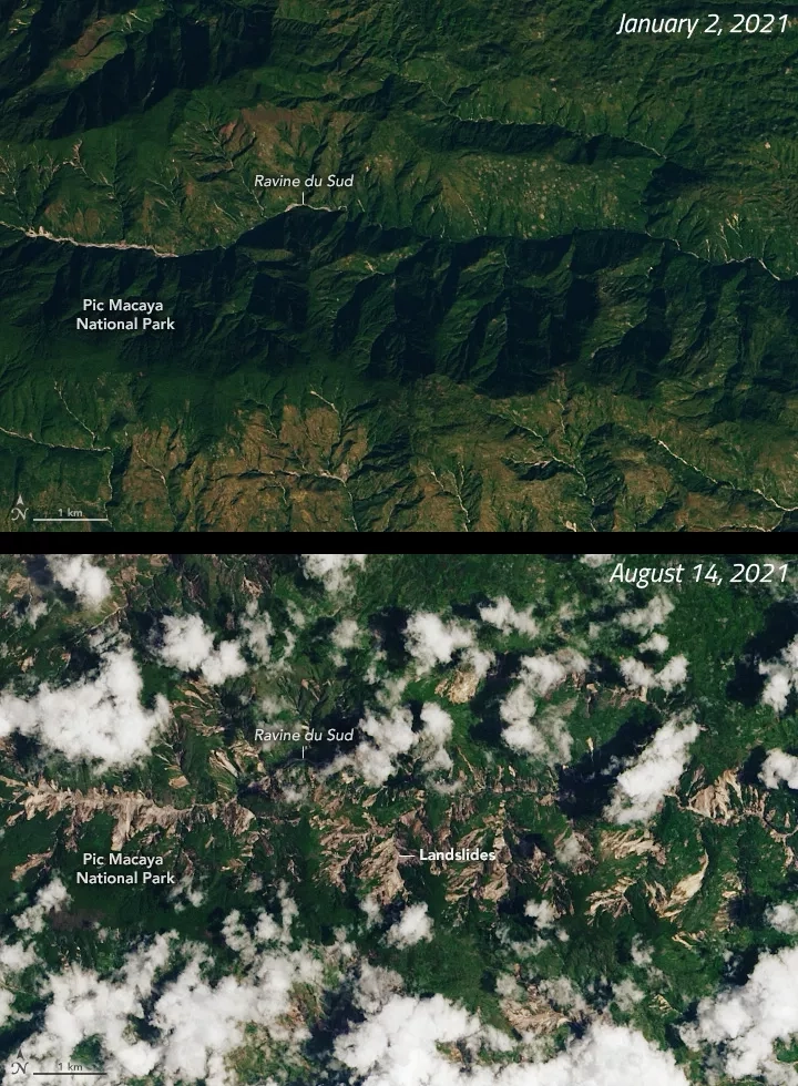 Before and after Landsat images of Haiti landslides