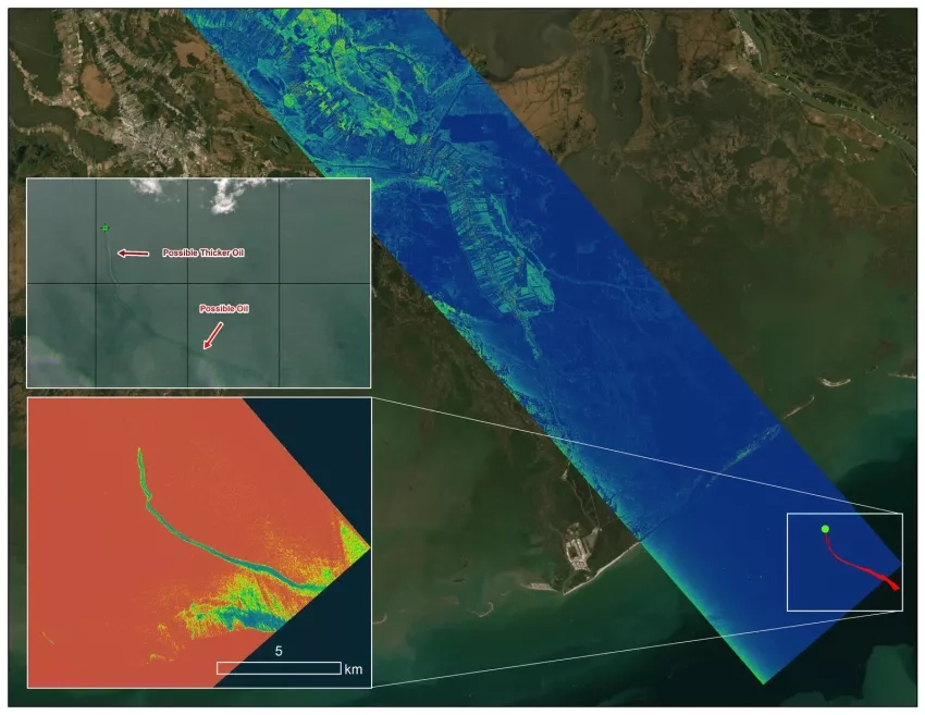 A map image visualizing data gathered on a radar instrument flown by the Delta-X mission showing an oil slick off the coast of Port Fourchon, Louisiana, on Sept. 1, 2021.