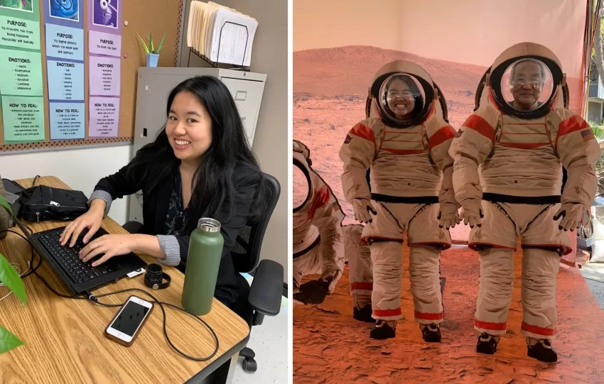 Left: Karen participates in a career fair day at a local middle school. Right: Karen at a NASA Jet Propulsion Laboratory open house. Credits: Karen An