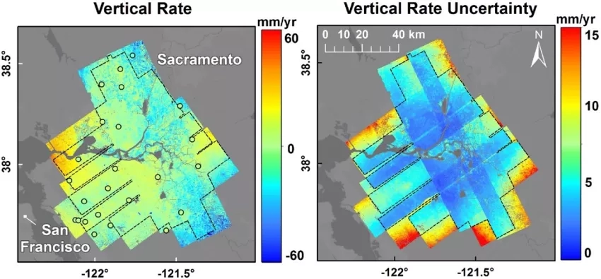 Vertical velocity rates (and corresponding uncertainties) show areas of subsidence in the Sacramento San-Joaquin Valley in northern California. These rates are derived from UAVSAR, NASA's airborne radar instrument which is capable of detecting changes in elevation at the millimeter scale. Source: Bekaert, David PS, et al. "Exploiting UAVSAR for a comprehensive analysis of subsidence in the Sacramento Delta." Remote sensing of environment 220 (2019): 124-134.