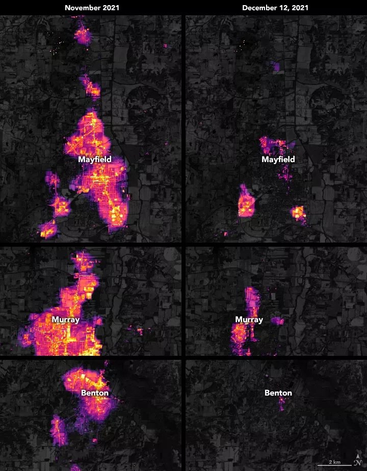 These maps show nighttime light emissions before and after the severe storms passed through Kentucky. Credits: NASA Earth Observatory