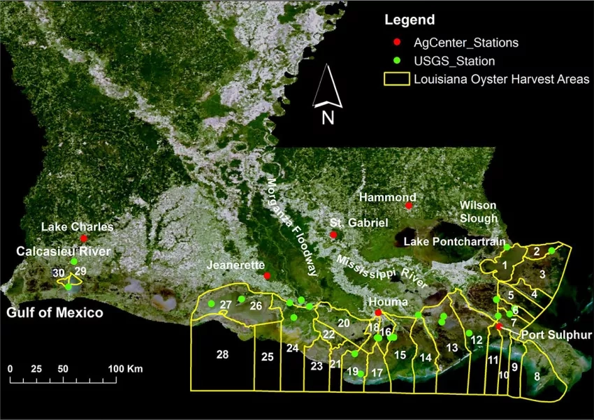 NASA image-based map showing oyster harvest areas along the Louisiana Gulf Coast.