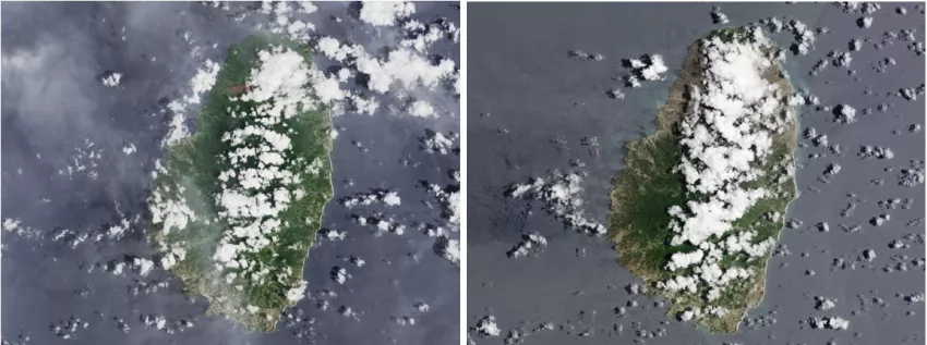 These images from Landsat 8 depict the effects of the La Soufriére eruption over the Caribbean Island of Saint Vincent. The image on the left, taken March 24, 2021, shows Saint Vincent before the eruption. The image on the right, taken on April 25, 2021, shows the island after the eruption. Credits: NASA