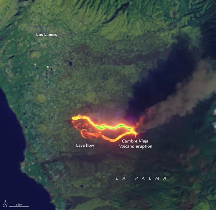 Infrared satellite observations from the Landsat 8 Operational Land Imager (OLI) reveal the hottest parts of the lava flow on Sept. 26, 2021. Credits: NASA Earth Observatory images by Lauren Dauphin, using Landsat data from the U.S. Geological Survey