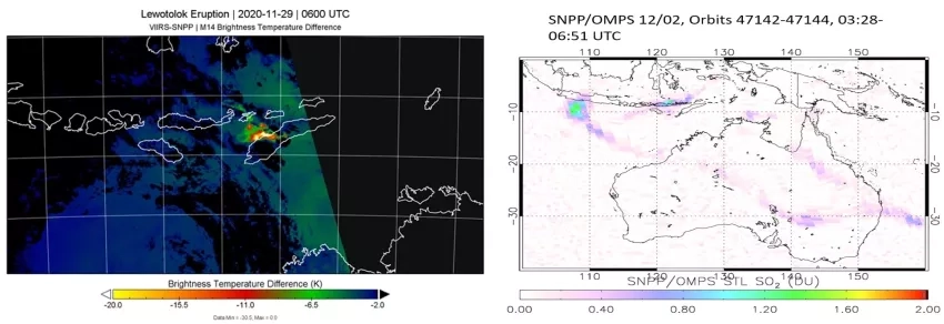 Shown on the left are satellite observations of sulfur dioxide (SO<sub>2</sub>) released by the Lewotolo eruption, as seen by the Visible Infrared Imaging Radiometer Suite (VIIRS) instrument aboard the Suomi-NPP satellite on November 29, 2020. Yellow and red colors indicate higher concentrations of SO<sub>2</sub>.. Shown on the left are SO<sub>2</sub> observations captured three days later by the Ozone Mapping and Profiler Suite (OMPS) instrument aboard Suomi-NPP. Credit: NASA GSFC / JPL
