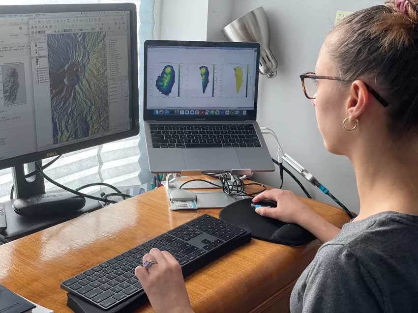 Macorps works on remote sensing data for the eruption of La Soufrière of St Vincent and Grenadines in April 2021. She combines multiple digital elevation models to predict the paths of the pyroclastic flows and determine whether or not the flows could reach local villages. Credits: Elodie Macorps