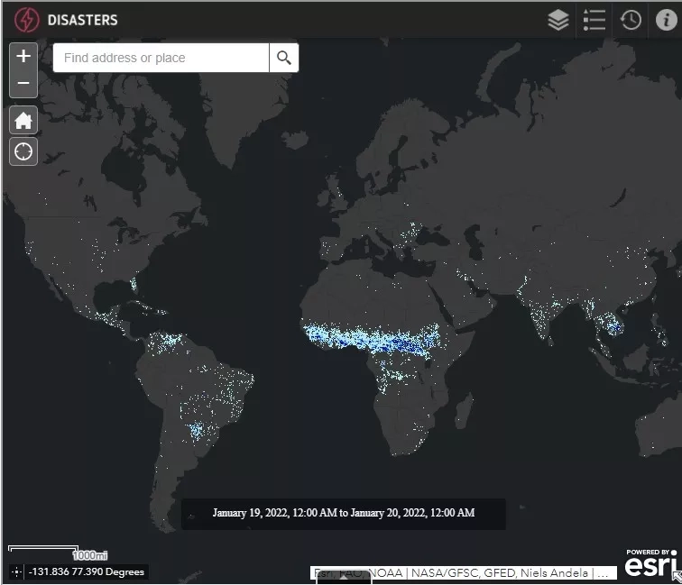 This application from the NASA Disasters Mapping Portal animates the past week of GFED near real-time data. Carbon emissions are shown by default, but you can click the “layers” icon in the upper right to toggle the display of other emissions such as methane, carbon monoxide and carbon dioxide. Credit: NASA