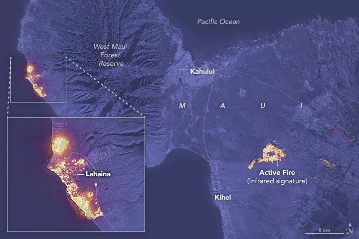 The Operational Land Imager (OLI) on the Landsat 8 satellite captured this shortwave infrared imagery of wildfires burning in Lahaina and northeast of Kihei, Maui on Aug. 8, 2023. Fires are shown in yellow. The shortwave infrared data were overlaid on a natural-color mosaic image based on Landsat 8 observations for added geographic detail. Credits: NASA Earth Observatory image by Lauren Dauphin, using Landsat data from the U.S. Geological Survey.