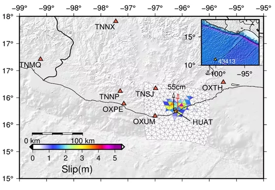This slip model of the earthquake based on high-rate GNSS data from the TLALOCNet network in Mexico shows the amount of motion at the fault interface during the earthquake. The data were processed by the University of Washington’s TRACK software. Credit: NASA, Diego Melgar