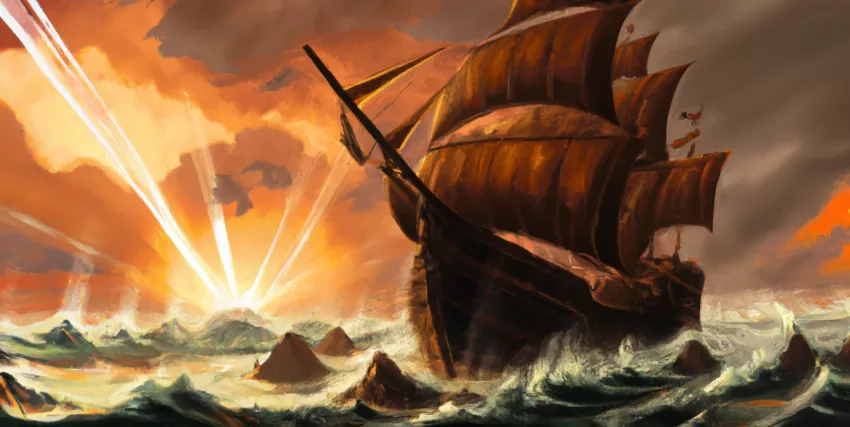 A wooden ship sails through rough ocean waters and dangerous rocks at sunset.