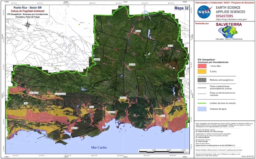 The image above, which depicts areas of high (yellow) and very high (red) risk for flooding in southern Puerto Rico, is one example of a hazard risk map produced through this collaboration. Others include sea level rise, slope stability, liquefaction, seismic events, and more. Credits: NASA, Ricardo Quiroga; SalveTerra, Allan Astorga.