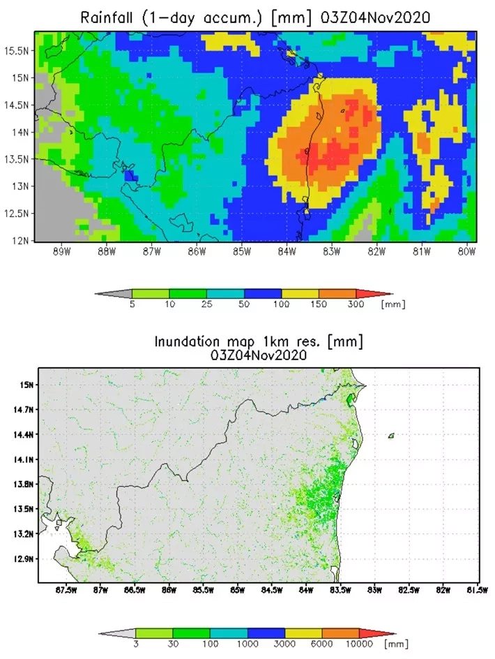 GPM-derived one-day rainfall estimates for northern Nicaragua on November 4 are shown above - flood estimates for the same day are shown below. Credit: NASA, University of Maryland, Dartmouth Flood Observatory