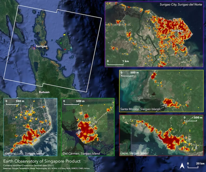 This preliminary map represents areas likely damaged in the Caraga region of the Philippians from Super Typhoon Rai (Odette), which made landfall on Siargao Island on Dec. 16, 2021. Credits: Earth Observatory of Singapore - Remote Sensing Lab (EOS-RS), ARIA Team, NASA JPL. Copyright contains modified Copernicus Sentinel data (2021) processed by the ESA.