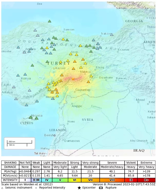 A shake-map of the impacted region, showing the location and intensity of the earthquake and aftershocks. Credits: USGS
