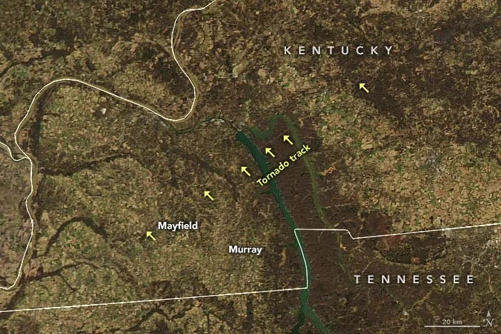   On December 12, 2021, the Moderate Resolution Imaging Spectroradiometer (MODIS) on NASA’s Aqua satellite acquired this natural-color image of the tornado track across western Kentucky near Mayfield. This area endured some of the worst damage of the fierce storm front. Credits: NASA Earth Observatory