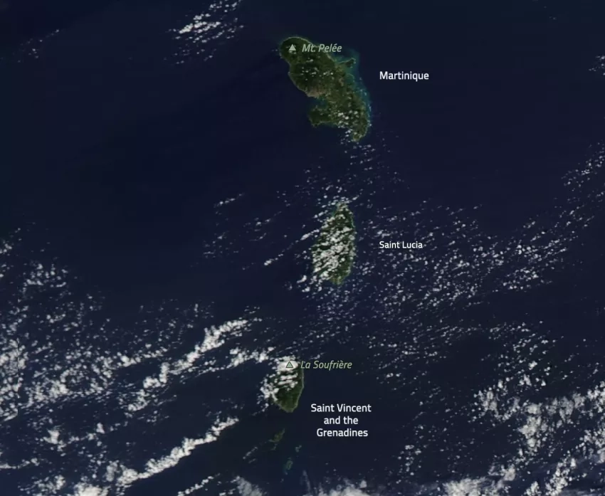 Natural-color image showing the location of the two Caribbean volcanoes, as observed by the MODIS instrument aboard NASA’s Aqua satellite on January 1, 2021. Please note that the white regions are clouds, not volcanic ash. Credit: NASA Worldview