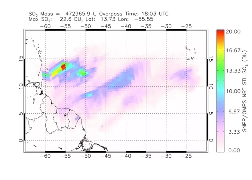 Satellite observations of volcanic sulfur dioxide (SO2) from the OMPS instrument aboard the NASA/NOAA Suomi-NPP satellite on April 11, 2021, show the long-range dispersion of volcanic ash clouds east towards the Cape Verde Islands. Credits: NASA Ozone SIPS (Colin Seftor, Can Li).