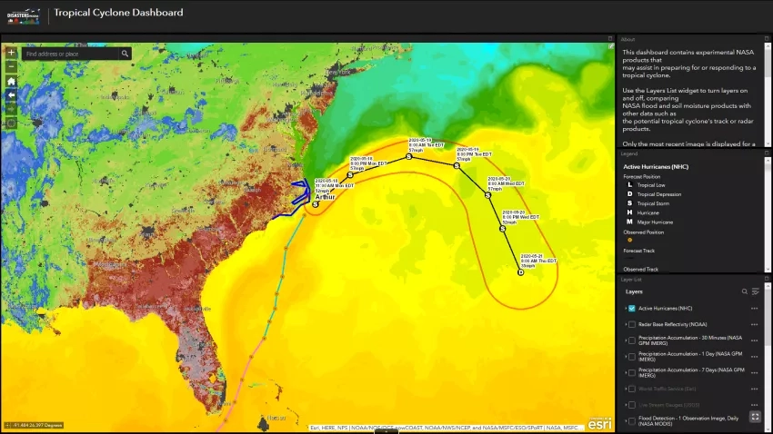 The Tropical Cyclone Dashboard on the Disasters Mapping Portal combines Near Real-Time data from NASA, NOAA, USGS, and other agencies to provide a comprehensive look at the environmental conditions. This map was generated as Tropical Storm Arthur moved near the North Carolina coast on May 18, 2020. Credits: NASA Earth Applied Sciences Disasters program area