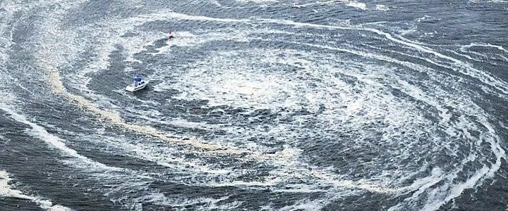 In 2011, the Great Tōhoku Earthquake triggered a series of tsunami waves off the coast of northeast Japan. In a tsunami, interactions between the seafloor and rapid changes in currents can lead to whirlpools such as the one pictured above. Credits: NOAA Center for Tsunami Research