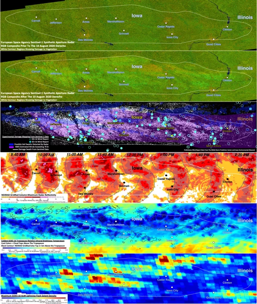 A team of NASA researchers used this satellite and radar imagery to help officials in Iowa better understand the effects of a derecho that ripped through the state in August. Credits: NASA, University of Oklahoma, the NOAA Storm Prediction Center, National Weather Service, and the Iowa Environmental Mesonet