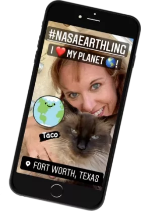 graphic of a mobile phone showing words on the screen and a photo of a woman with a cat