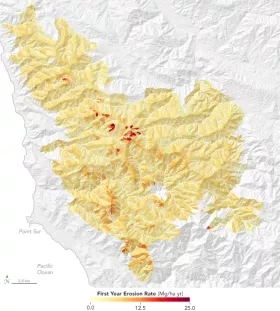 topographical map showing erosion rates in Monterey County, California using a yellow to red color scale to indicate severity