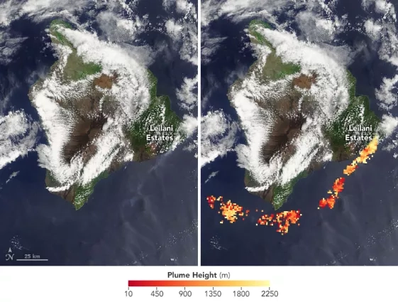 two side-by-side satellite images show a volcano surrounded by the ocean. the image on the right shows red, yellow, and orange dots representing plume height