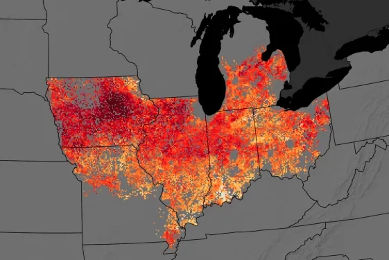 Map of Midwest U.S. states with shades of red and orange indicating impact on crop yield