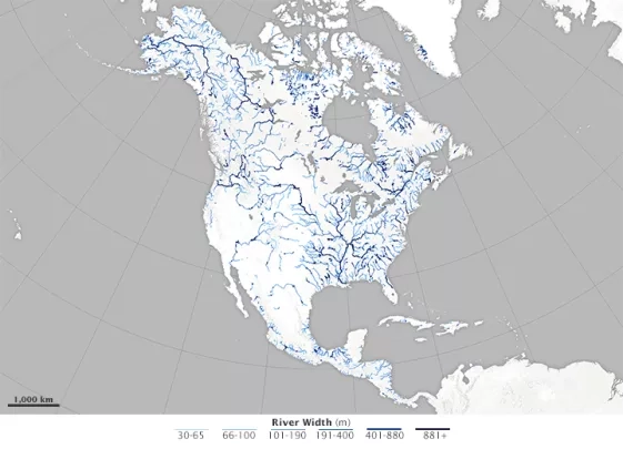 black and white map of North America with blue lines representing rivers running through the contintent