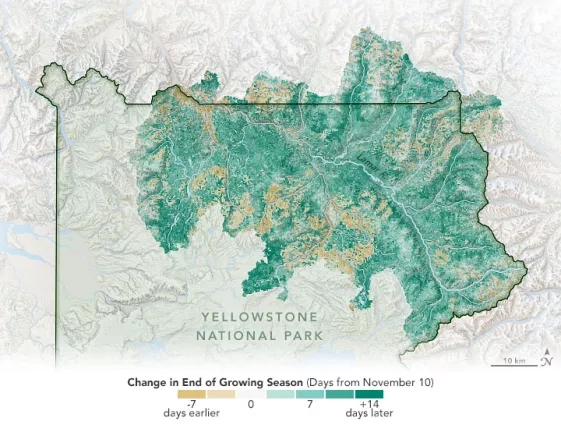 map showing changes to the end of growing season in Montana with shades of green and yellow