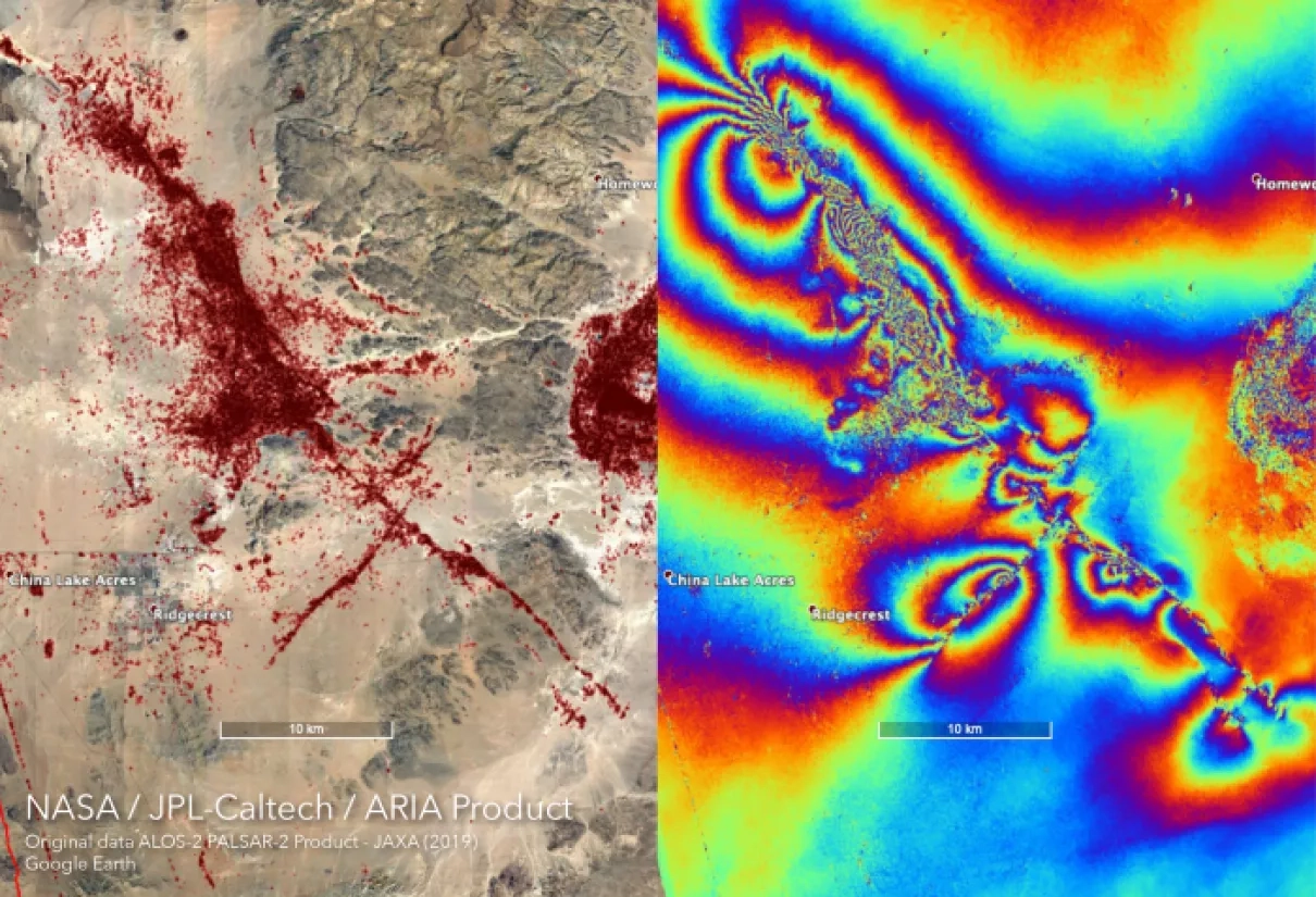 Image of decorrelation map on the left that shows surface rupture and disturbance, and surface deformation map on the right