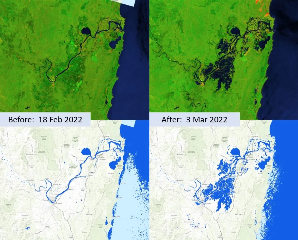 Map imagery, derived from ESA Sentinel-1 satellite observations from Feb. 18, 2022, at 1900 UTC (Local: Feb. 19 0600 AEDT) and March 2, 2022, at 1900 UTC (Local: March 3, 2022, at 0600 AEDT) in eastern Australia, provides two different methods to view before and after floodwater conditions. 