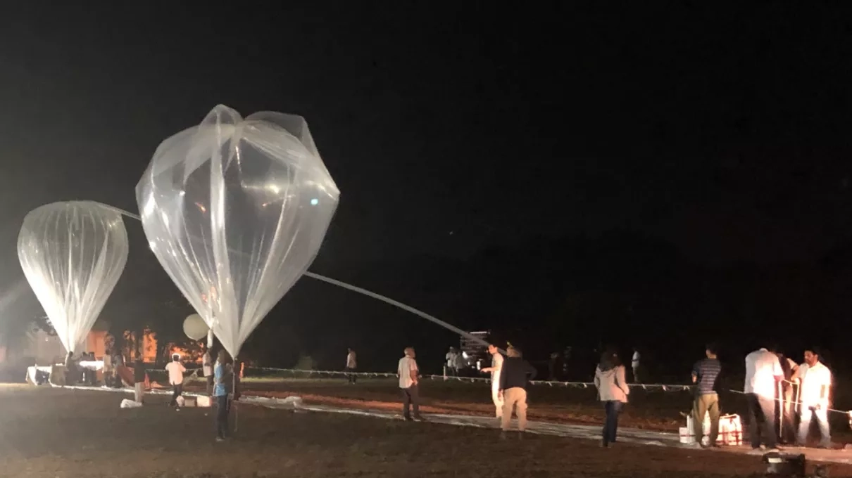 Photo of ​night launch preparations of a zero-pressure balloon flight at the Balloon Facility of The Tata Institute of Fundamental Research in Hyderabad, India.