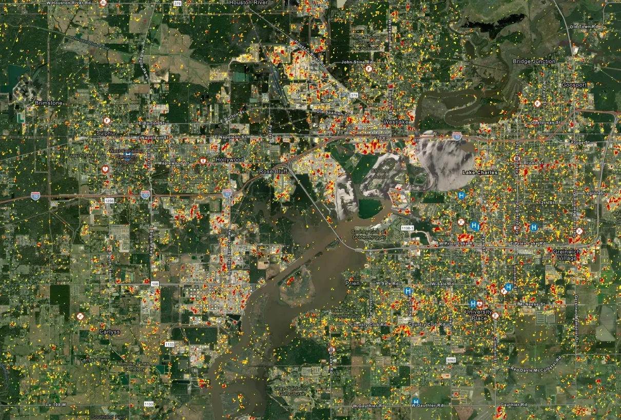 This Damage Proxy Map (DPM) shows likely damaged areas in red and yellow in Lake Charles, LA, due to high winds and flooding from Hurricane Laura.