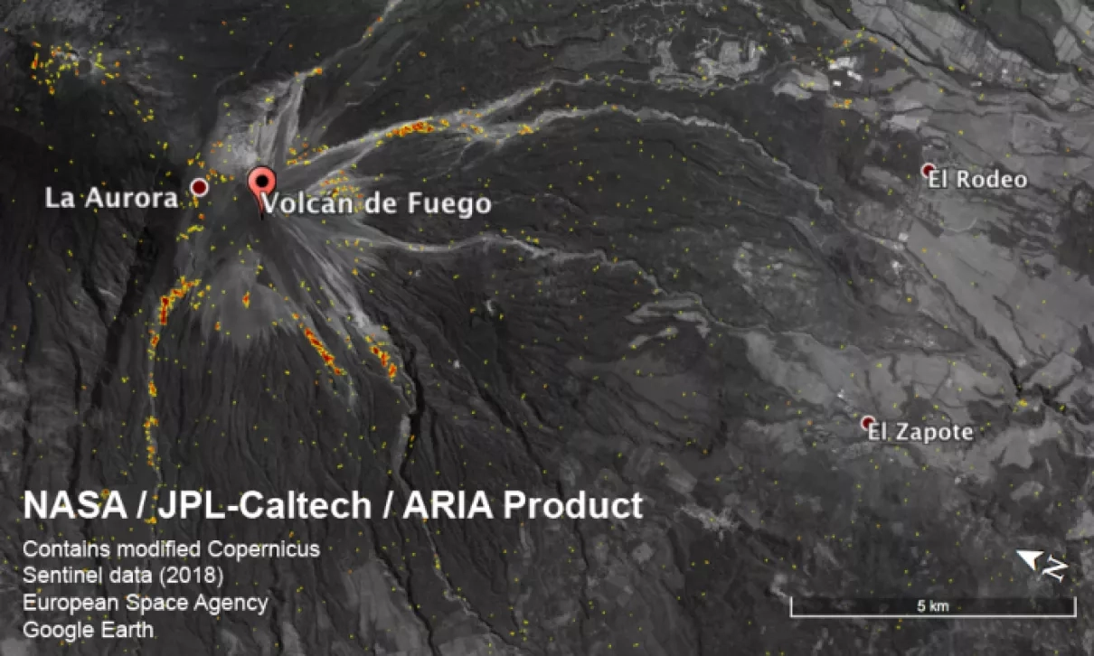 Image of NASA AIRA Damage Proxy map of the Fuego Volcano eruption