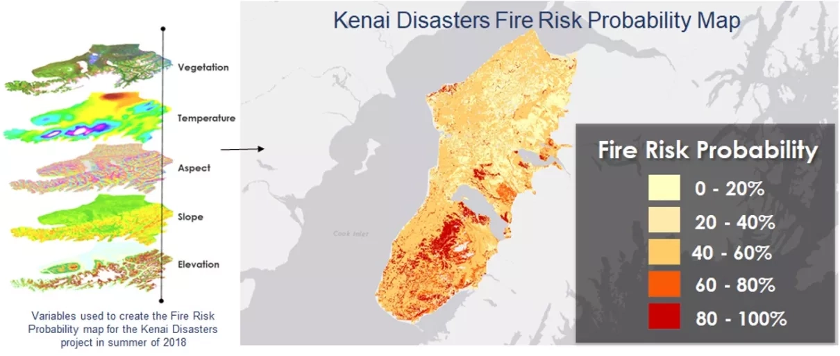A map from a DEVELOP project showing fire risk in 2018 in the Kenai National Wildlife Refuge, Alaska.