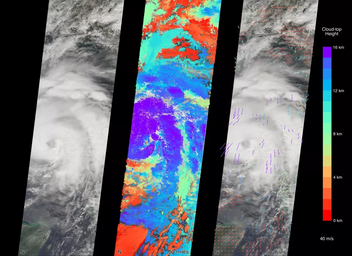 Composite image from the central, downward-pointing camera (left), the calculated cloud-top heights (middle), and wind velocity vectors (right) 