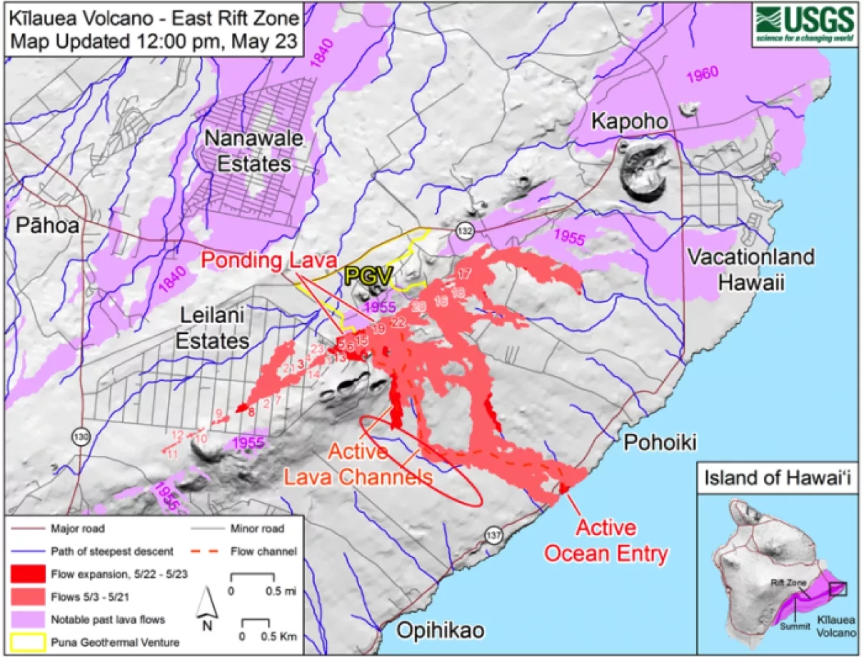 Map of the flow of expansion of the Kilauea volcano