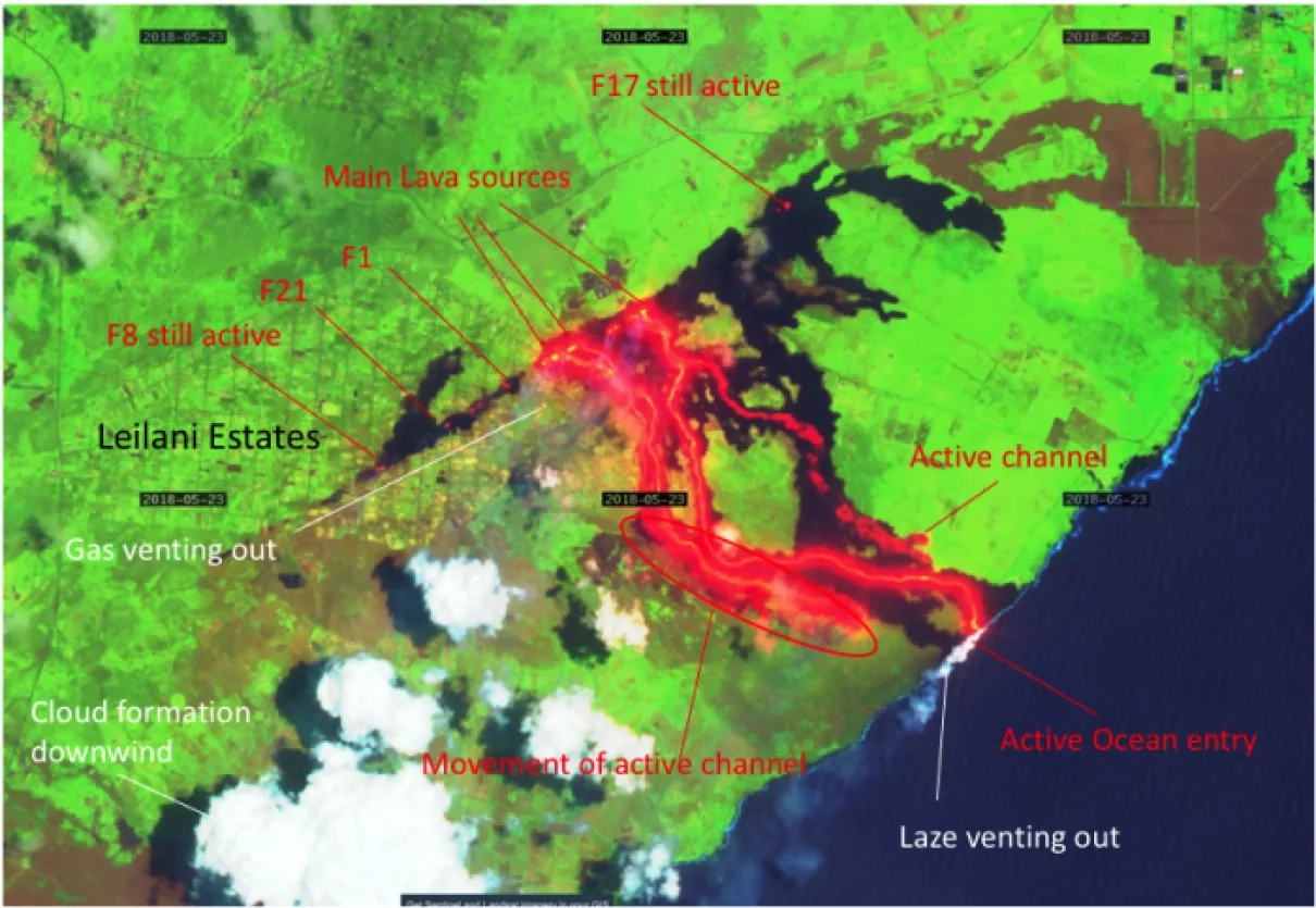 Map of main lava sources through active lava channels 