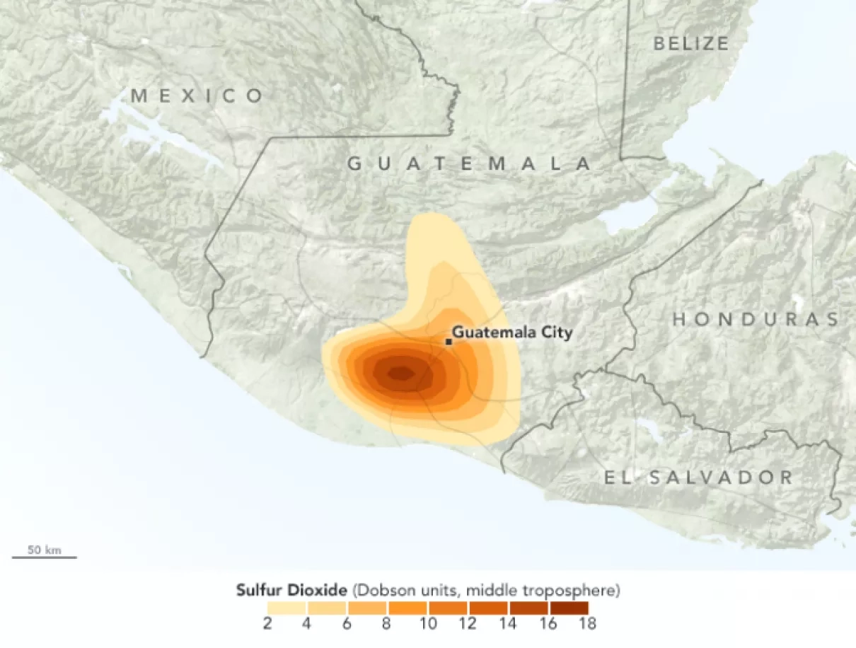 Image taken by  Atmospheric Infrared Sounder (AIRS) of Guatemala City displaying sulfur dioxide concentrations.  