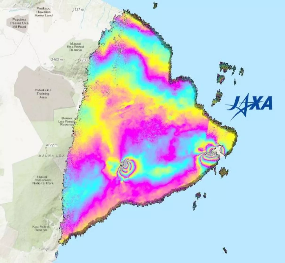 Image of JAXA ALOS-2 Interferograms comparing data from different dates during the Kilauea Eruption