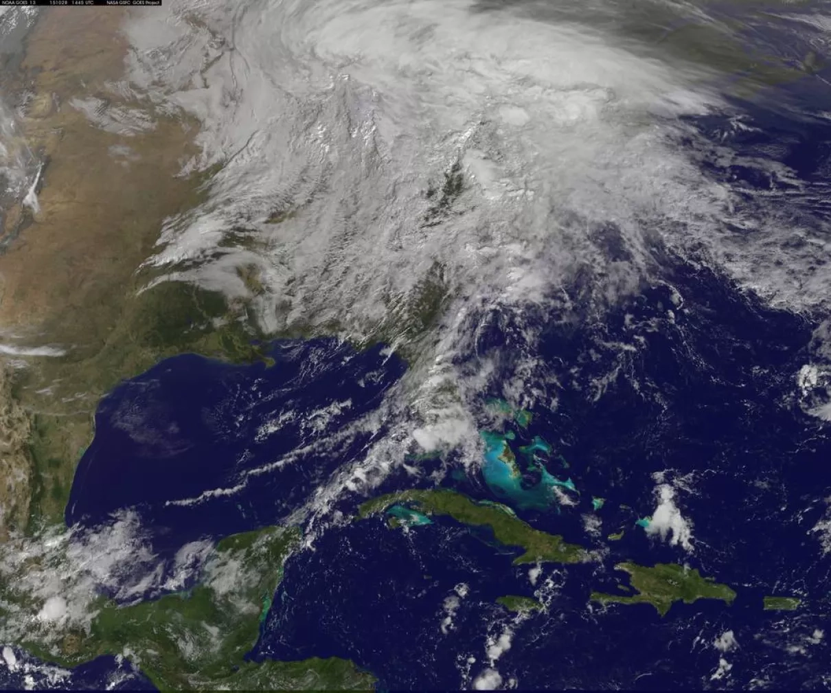 This visible image of the clouds associated with the low pressure area containing remnants of Hurricane Patricia over the U.S. Mid-Atlantic and northeast was taken from NOAA's GOES-East satellite at 1445 UTC (10:45 a.m. EDT). Credits: NASA/NOAA GOES Project