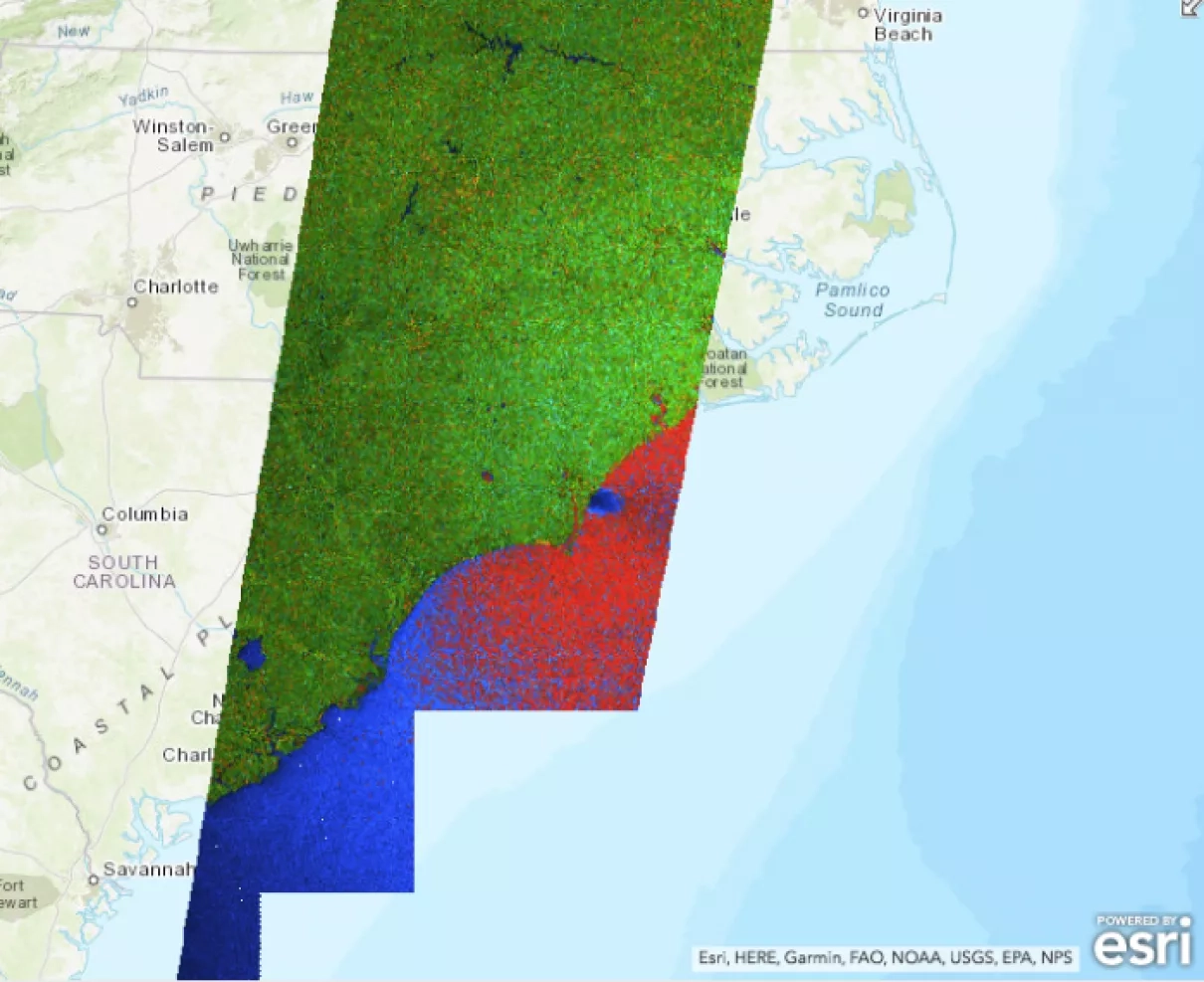 Graphic Imagery of Copernicus Sentinel data overlaid over coastal North and South Carolina.