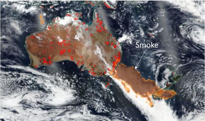 Figure 1: Suomi-NPP VIIRS true color imagery from December 31st, 2019 (background) is overlaid with VIIRS “hot spot” data (red areas) showing fire locations, and OMPS Aerosol Index (orange areas) showing the transport of the smoke plume over the Tasmanian