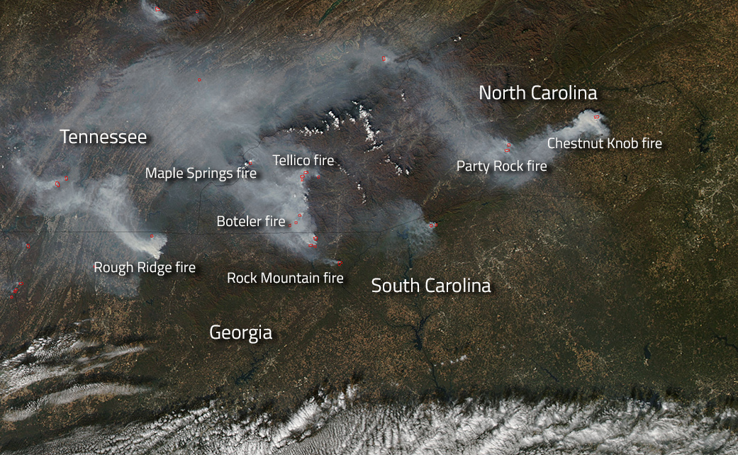 Wildfires burning in several states in the southern United States are seen in this natural-color satellite image collected by the Moderate Resolution Imaging Spectroradiometer (MODIS)