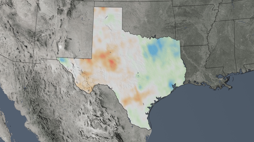 This air pollution trend map for Texas shows the percent change in nitrogen dioxide concentrations from 2005 to 2014.